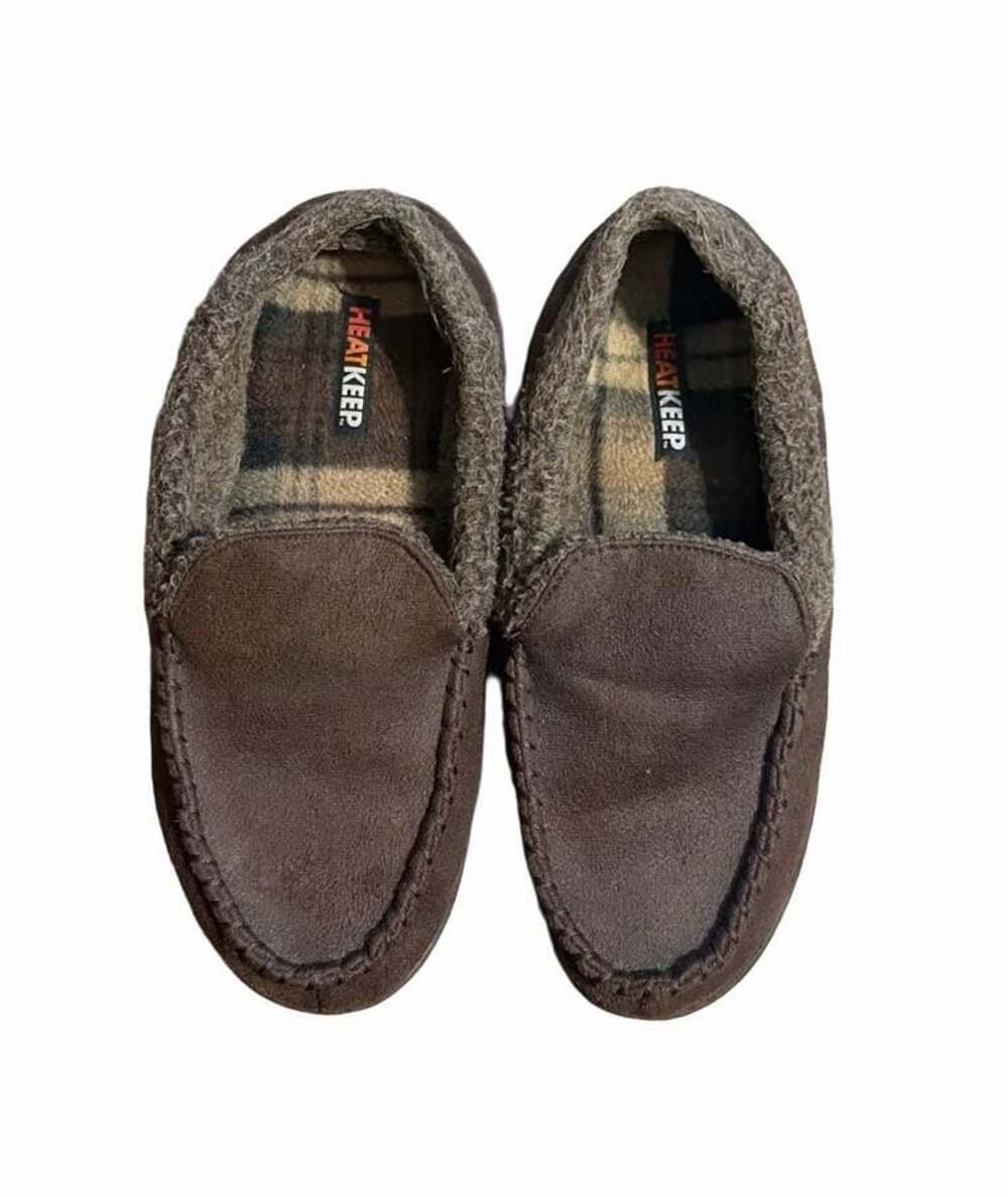Heat Keep Slippers Size M 8-9 Brown Plaid Lined Moccasin